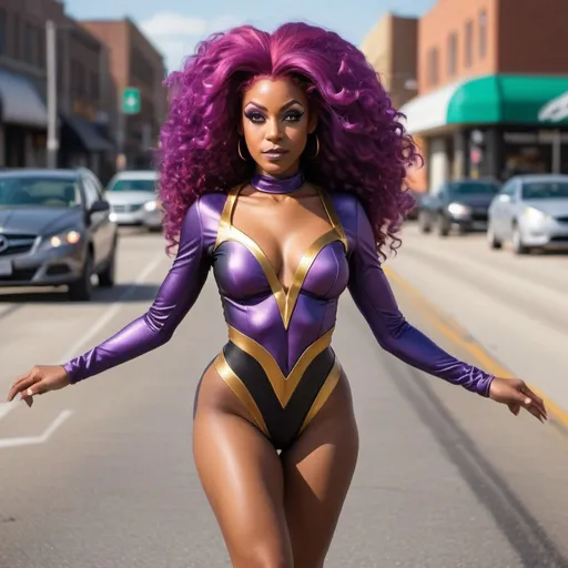 Prompt: Hyper realistic beautiful black woman dressed as starfire with a smirk in front of road levitating 