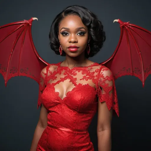 Prompt: A beautiful black woman with bat wings in a red lace dress 