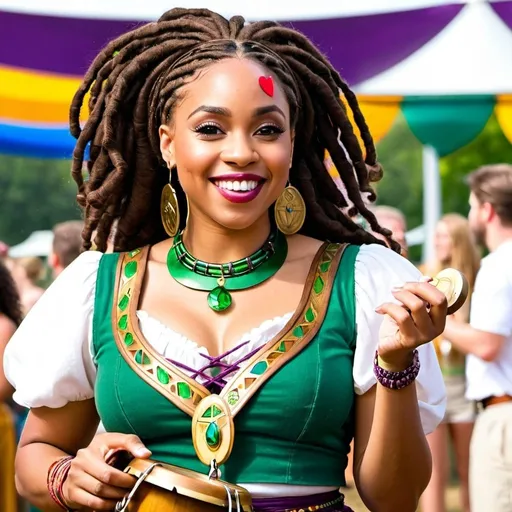 Prompt: A beautiful black woman with locs dressed as Esmeralda from Disney the hunchback of notre dame at a summer festival playing a tambourine 