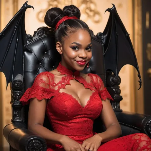 Prompt: A beautiful black woman, hair in a bun with bat wings in a red lace dress smirking on throne 