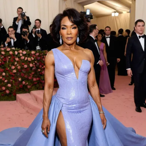 Prompt: Angela Bassett at the MET GALA red carpet posing wearing periwinkle inspired dress
