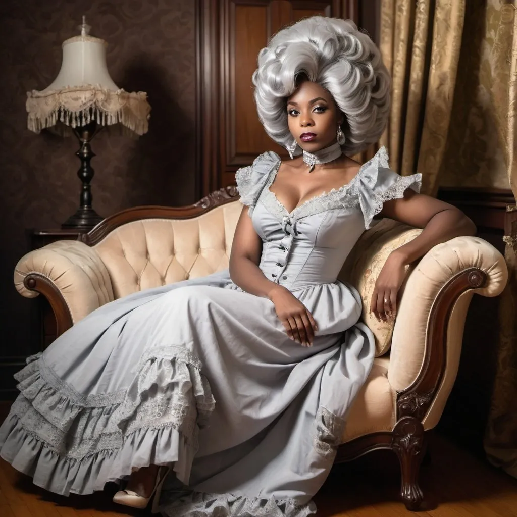 Prompt: A beautiful black woman wearing a huge Victorian dress and exaggerated Victorian grey wig while sitting in vintage chaise