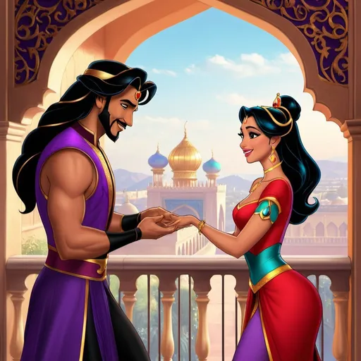 Prompt: Jasmine dancing and flirting with Jafar  Realistic on palace balcony 