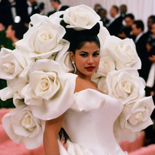 Prompt: Selena Quintanilla posing hair in a bun on the MET GALA red carpet wearing a silky white dress with white rose petals 