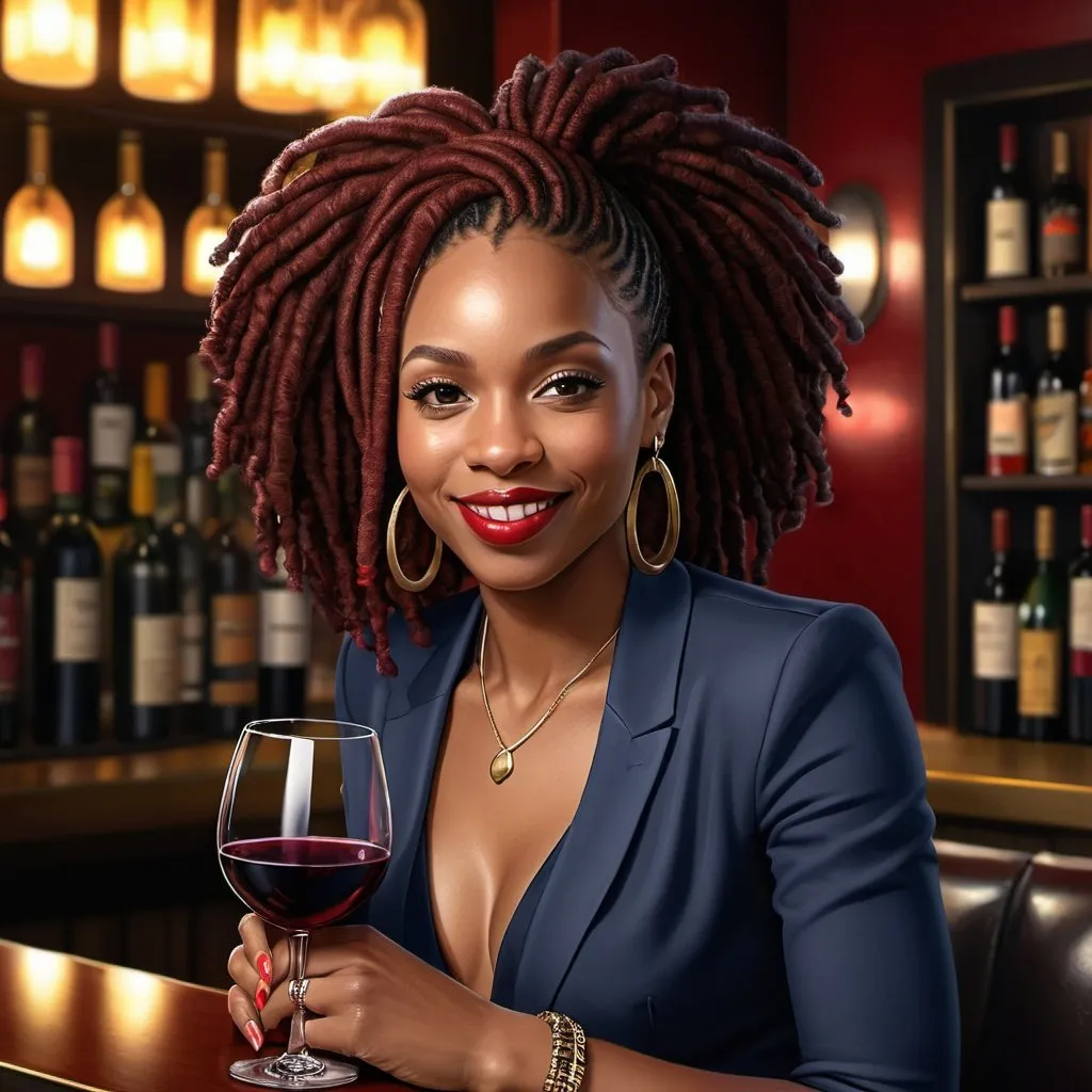 Prompt: Hyper realistic feminine black woman with locs smirking in a jazz club drinking red wine at a bar 