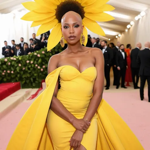 Prompt: Bald Beautiful black woman posing at the MET GALA red carpet in a sunflower inspired wearing yellow stilettos 