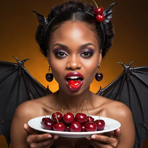 Prompt: Beautiful Black woman with bat wings eating cherries