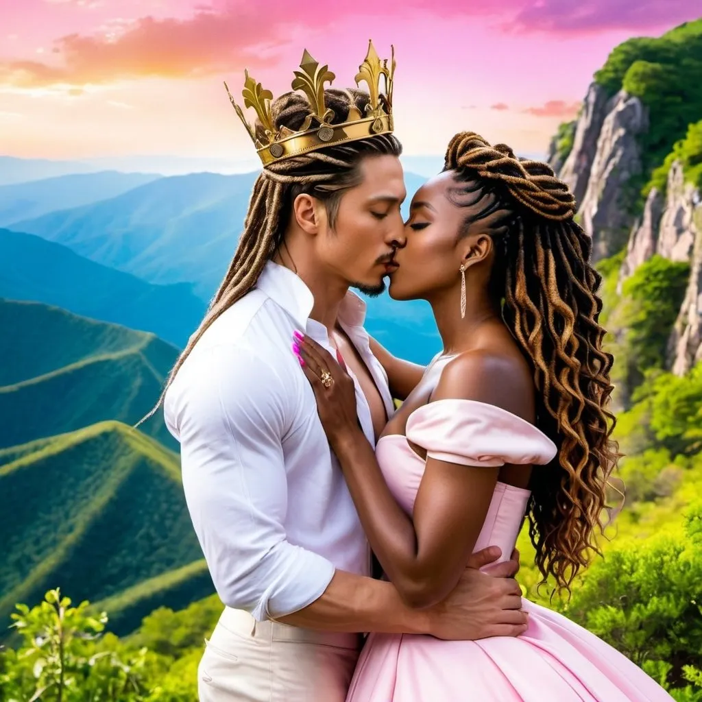 Prompt: Gackt kissing a beautiful black woman with brown locs and golden crownwearing a pink dress on a mountaintop romance novel style 