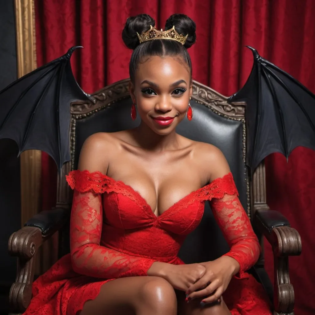 Prompt: A beautiful black woman, hair in a bun with bat wings in a red lace dress smirking on throne 