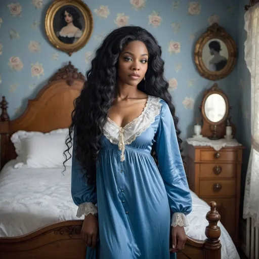 Prompt: A beautiful black woman with black long hair wearing a blue Victorian nightgown in a Victorian bedroom 