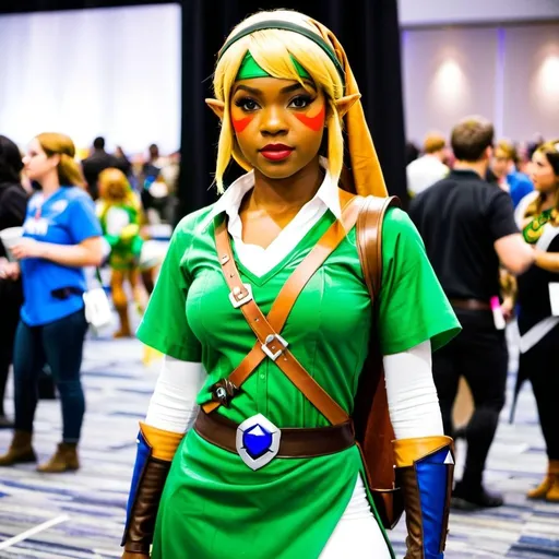 Prompt: Beautiful black woman dressed as link from legend of Zelda at a fan convention 