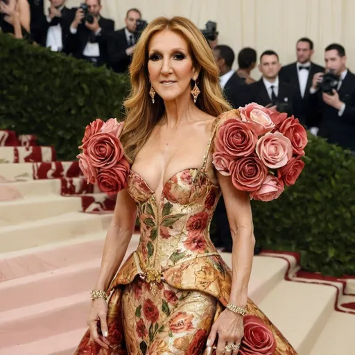 Prompt: Celine Dion posing at the MET GALA wearing a rose and gold flower inspired dress 