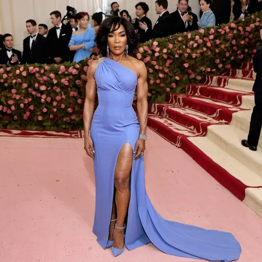 Prompt: Angela Bassett at the MET GALA red carpet posing wearing periwinkle inspired dress
