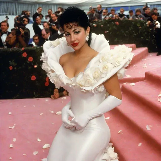 Prompt: Selena Quintanilla posing on the MET GALA red carpet wearing a silky white dress with white rose petals 