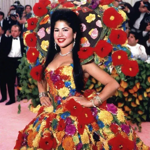 Prompt: Selena Quintanilla posing in a Mexican inspired flower dress on the MET GALA red carpet 
