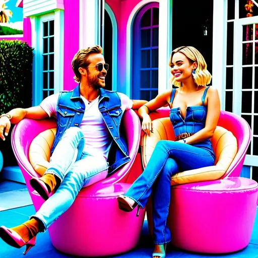 Prompt: Margot Robbie laughing wearing a pink tube dress and Ryan Gosling smiling wear an open blue denim vest and blue denim jeans seating in pink lounge chairs in front of Barbie dream house 
