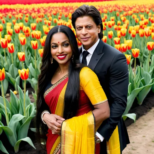 Prompt: Shahrukh Khan lovingly holding a beautiful black woman smiling coyly with long black hair in a red sari in a yellow tulip filled garden.