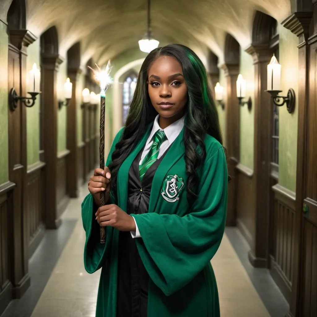 Prompt: Beautiful black woman wearing a slytherin robe green, tie green long hair and holding a magic wand at hogwarts hallway