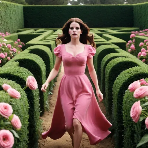 Prompt: Lana del Rey in pink dress running through a maze garden