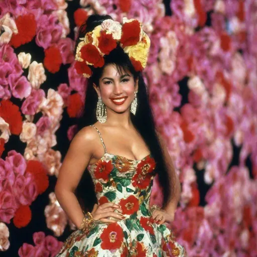 Prompt: Selena Quintanilla posing in a Mexican inspired flower dress hair in bun on the MET GALA red carpet 