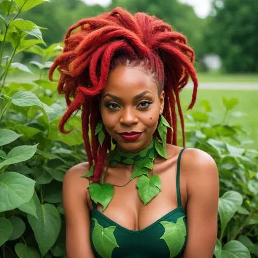 Prompt: Black woman as poison ivy red locs with plant stems on her body With a smirk holding a plant stem with thorns 