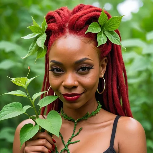 Prompt: Black woman as poison ivy red locs with plant stems on her body With a smirk holding a plant stem with thorns 