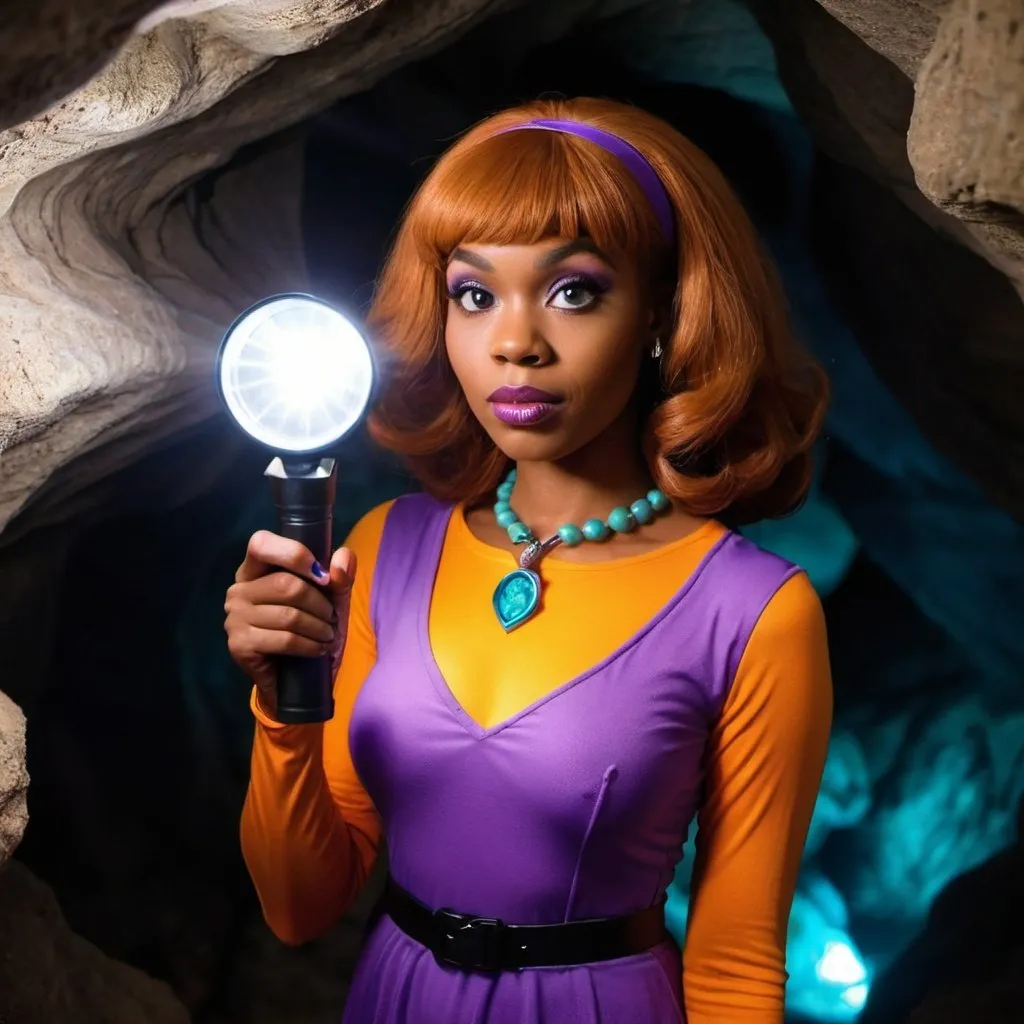 Beautiful black woman dressed as Daphne from scooby...