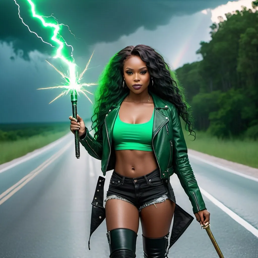 Prompt: Beautiful black woman with a smirk wearing a black leather jacket , green tank top, black biker boots, green long hair and holding a magic wand with lightning coming out in middle of a road realistic, 8k