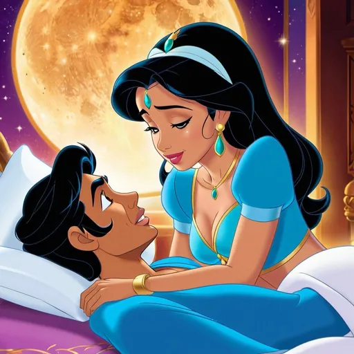 Prompt: Jasmine sitting on bedside thinking while Aladdin kisses her on the cheek
