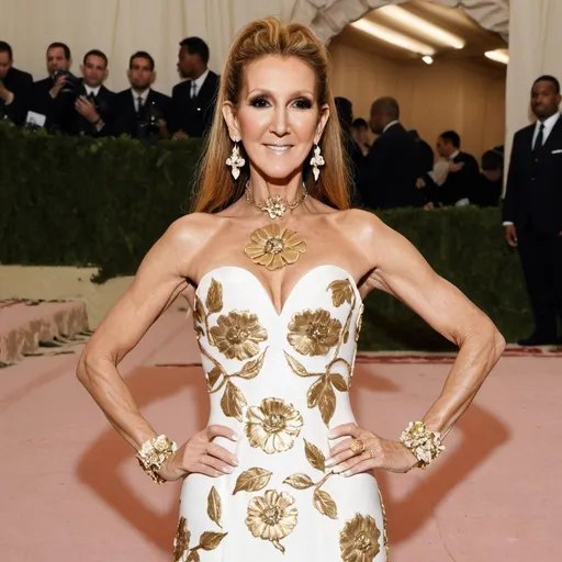 Prompt: Celine Dion posing at the MET GALA wearing a white rose and gold flower inspired dress 