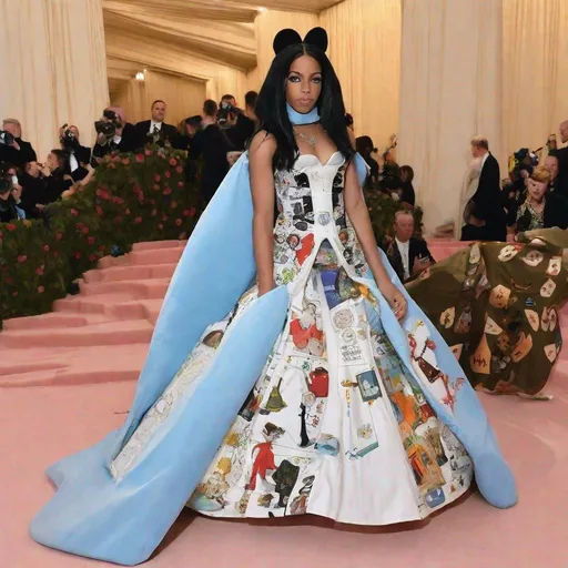 Prompt: Aaliyah posing wearing an Alice in wonderland inspired dress at the MET GALA 