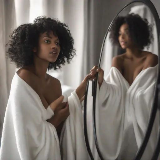 Prompt: Beautiful black woman with a silky white blanket looking in a mirror 