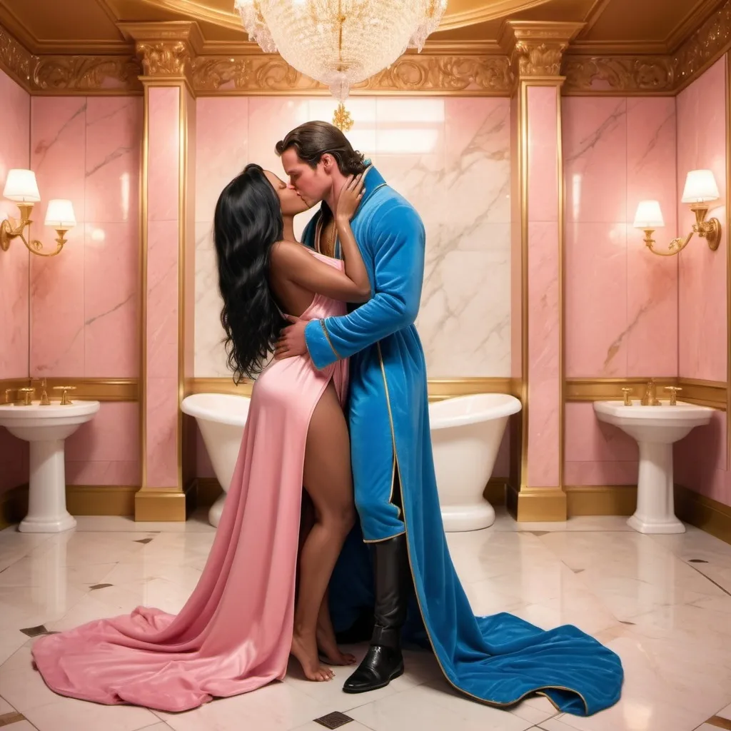 Prompt: A beautiful black woman with long black hair in a long pink robe happily kissing Prince Charming in a blue robe in a luxurious golden washroom 