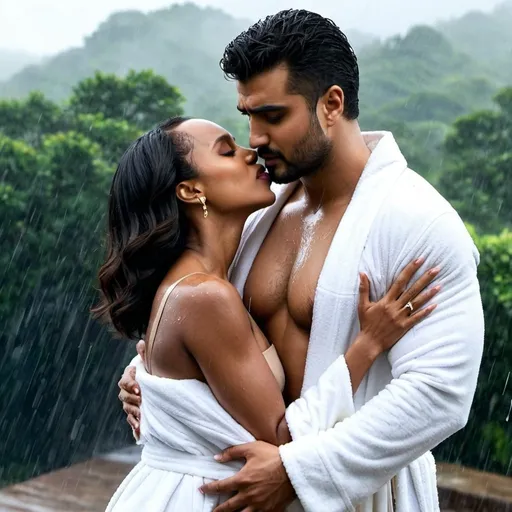 Prompt: Kerry Washington wearing a robe while  standing in the rain and Arjun Kapoor hugs her and tears off the robe from her body with both hands and kiss her chest 