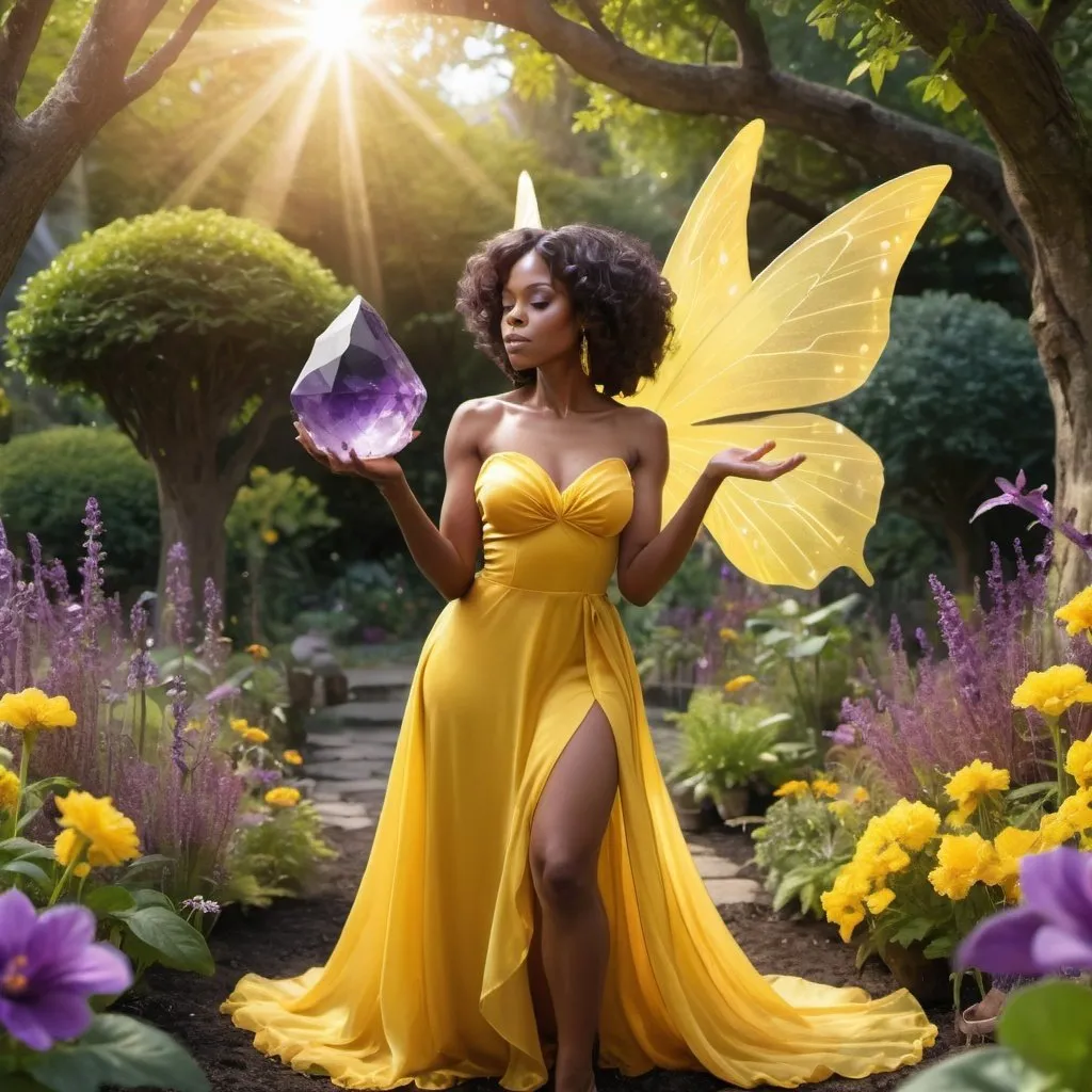 Prompt: Beautiful black woman as a fairy wearing a yellow dress, conjuring a huge amethyst crystal in a garden 