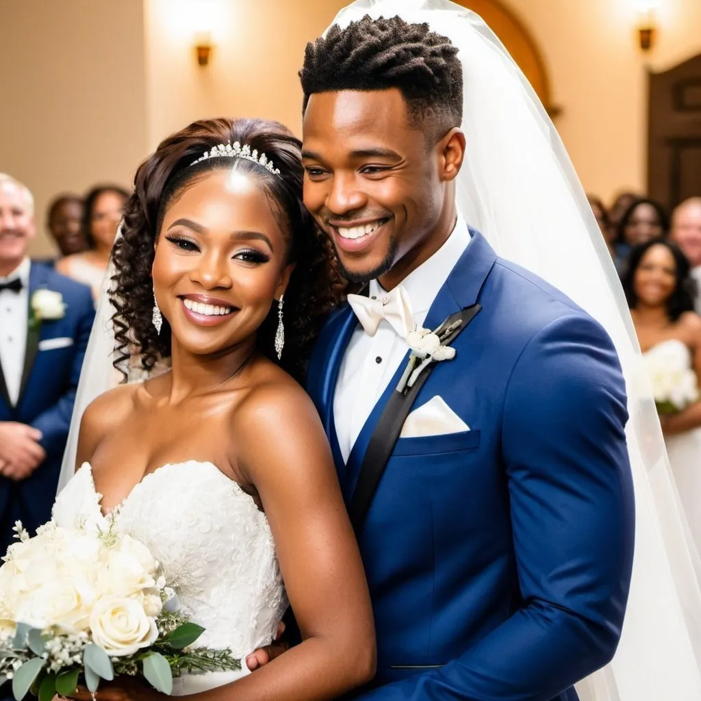 Prompt: Beautiful black woman smiling in wedding dress with her handsome husband smiling happily down the aisle 