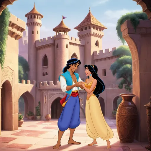 Prompt: Aladdin serenading Jasmine in a castle 