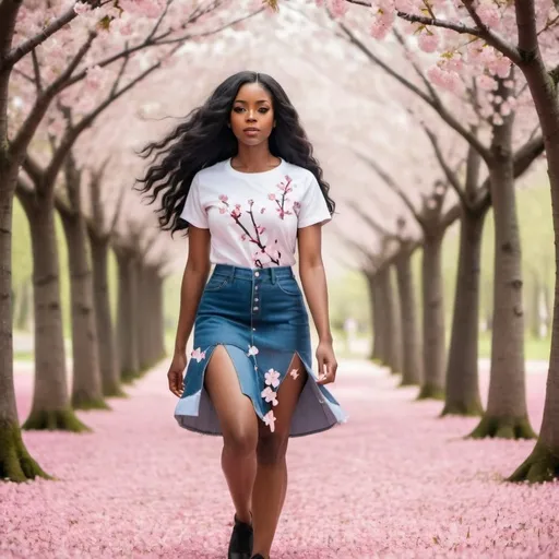 Prompt: Beautiful black woman with long black beautiful hair wearing a baseball shirt, denim skirt and flats walking through a cherry blossom forest as petals fall on the floor