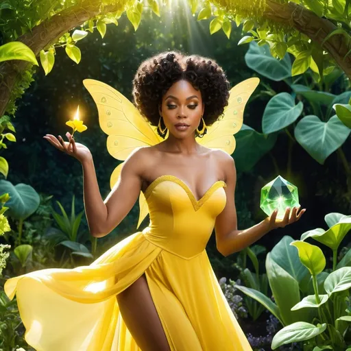 Prompt: Beautiful black woman as a fairy wearing a yellow dress, conjuring a huge jade crystal in a garden 