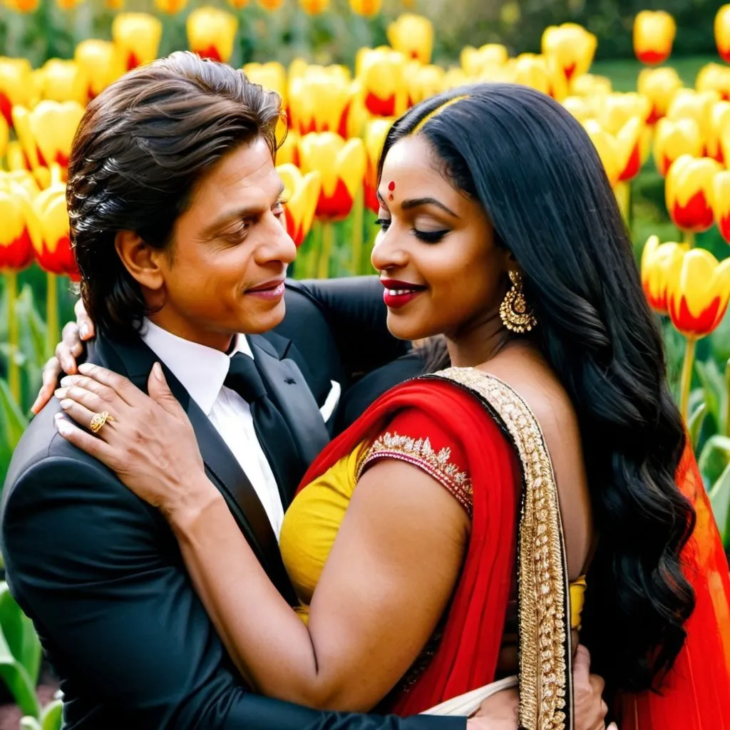 Prompt: Shahrukh Khan lovingly holding a beautiful black woman smiling coyly with long black hair in a red sari in a yellow tulip filled garden.