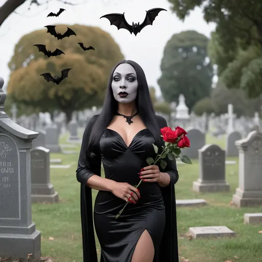 Prompt: Hyper feminine beautiful Black woman dressed as Morticia Addams holding a rose wearing long silky black dress in a cemetery and a group of bats flying in background 