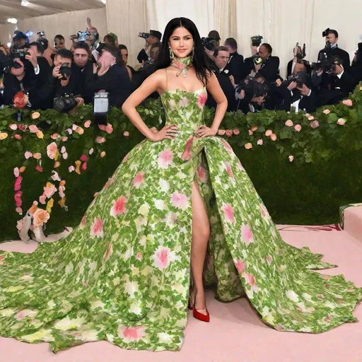 Prompt: Selena posing in a flower and vine dress on the MET GALA red carpet 