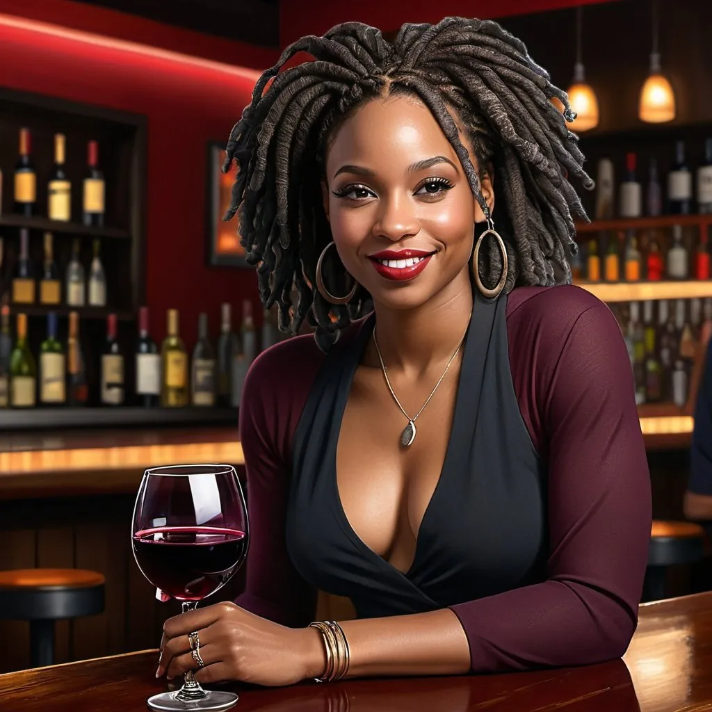 Prompt: Hyper realistic feminine black woman with locs smirking in a jazz club drinking red wine at a bar 