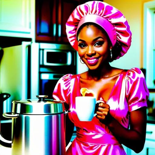 Prompt: Beautiful black woman smirking in a pink silk dress wearing a bonnet pouring coffee in a kitchen 