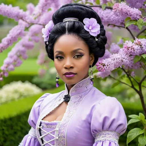 Prompt: A beautiful black woman with black Coiffure a la Chinoise hair wearing a lilac Victorian dress in a beautiful garden