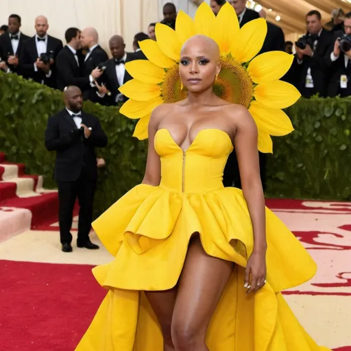 Prompt: Bald Beautiful black woman posing at the MET GALA red carpet in a sunflower inspired wearing yellow stilettos 