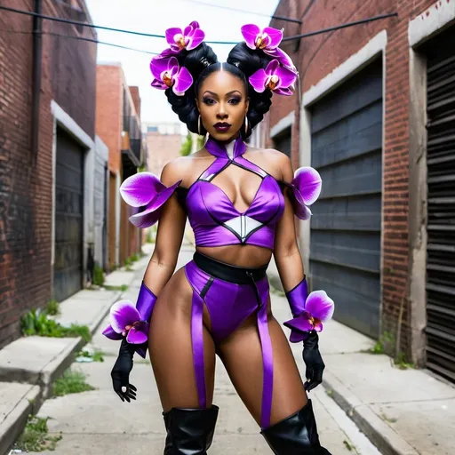 Prompt: Hyper feminine beautiful black woman dressed as Orchid from Killer Instinct in a back alley 