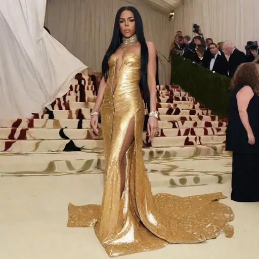 Prompt: Aaliyah posing wearing a Hollywood Glam inspired dress at the MET GALA 