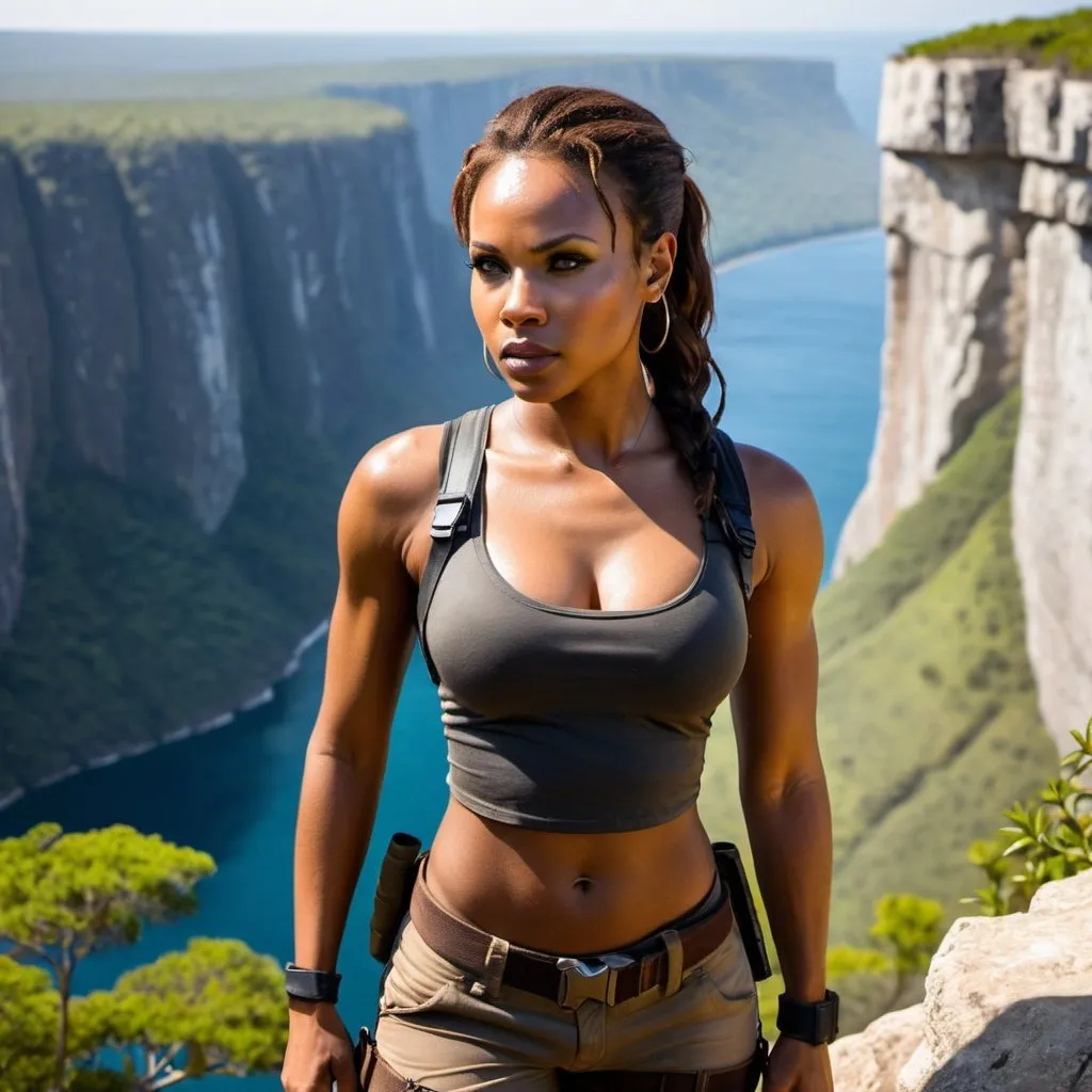 Prompt: Hyper beautiful black woman dressed as Lara Croft standing at edge of cliff 