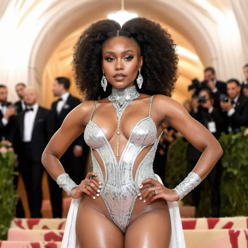 Prompt:  Beautiful black woman posing at the MET GALA red carpet in a diamond bodysuit wearing silver stilettos 